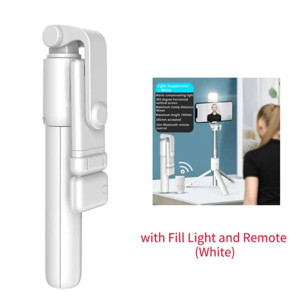 Showlu Fashion Bluetooth selfie stick tripod with LED fill light and phone holder for live streaming and photos.