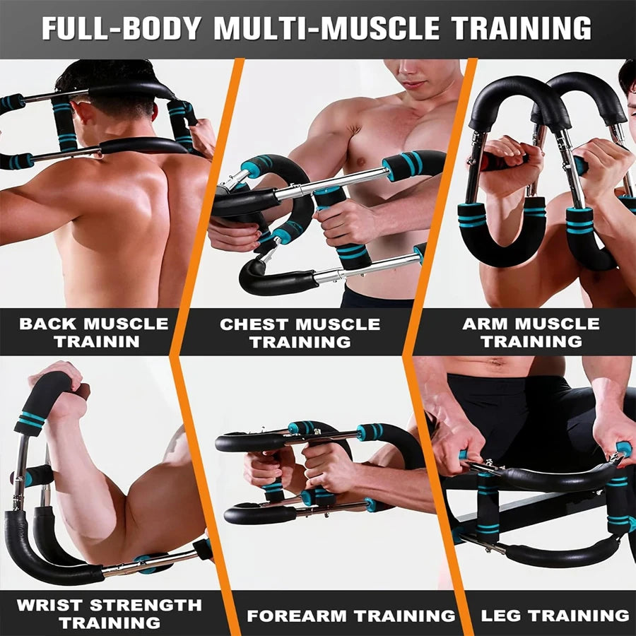 Stainless steel adjustable chest and arm trainer fitness tool by Showlu, with handles and adjustable resistance for workout.