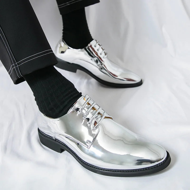 Men's golden leather party shoes with shiny pointed toes, formal dress shoes by Showlu Fashion Store.