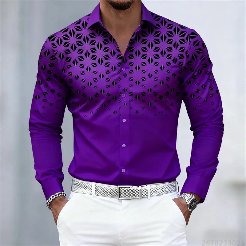 Men's long sleeve geometric pattern print shirt in 17 colors, slim fit casual shirt by Showlu Fashion Store.