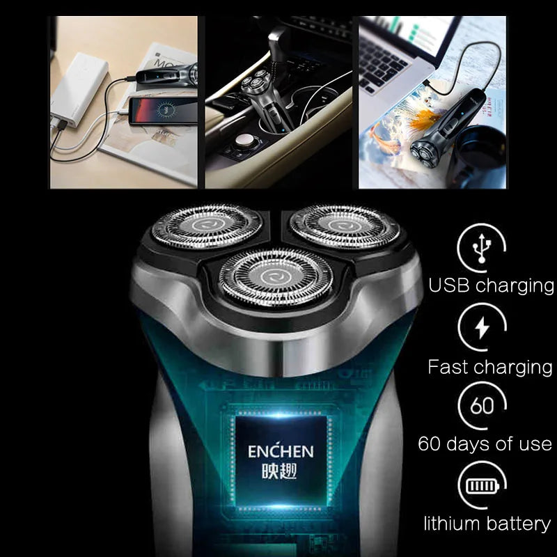 Showlu Smart General ENCHEN Blackstone 3D Rotary Electric Shaver with close-up of the black shaver head and ergonomic handle.