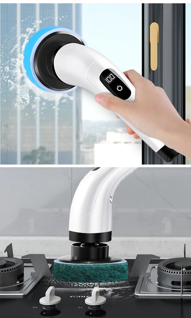 Showlu Smart General cordless electric spin scrubber with 7-in-1 cleaning brush, showcasing multiple interchangeable cleaning heads.