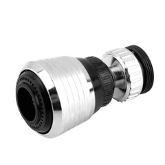 A chrome-finished universal 360-degree rotary kitchen faucet nozzle with an anti-splash filter.