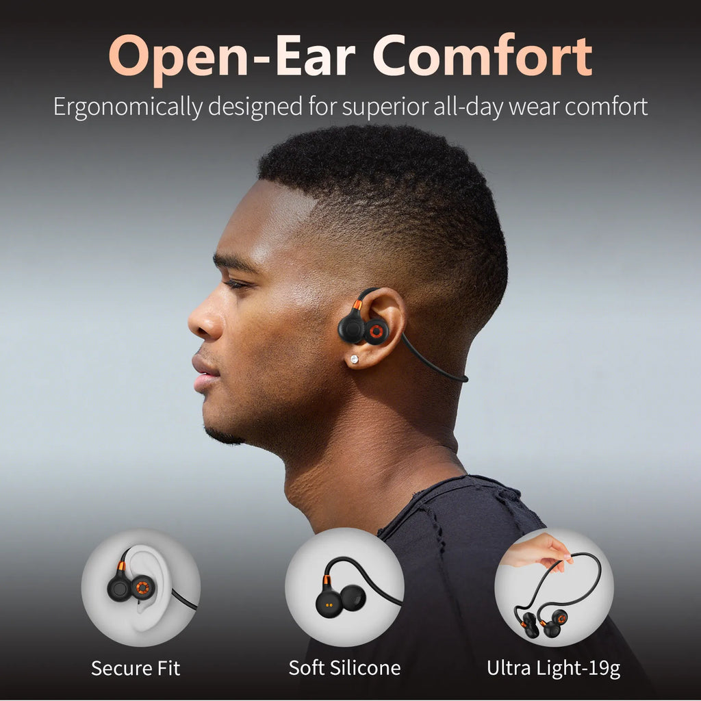 Ortizan open ear wireless headphones with Bluetooth 5.3 and IPX6 waterproof rating, shown in black with ergonomic design
