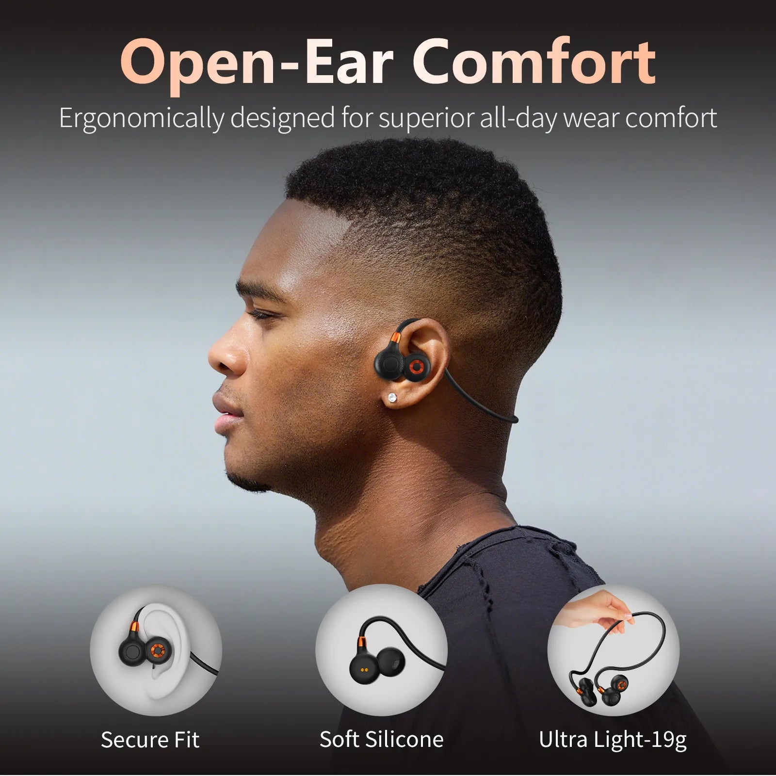 Ortizan open ear wireless headphones with Bluetooth 5.3 and IPX6 waterproof rating, shown in black with ergonomic design