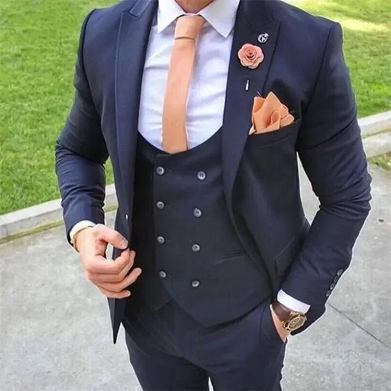 Men's olive green 3-piece slim fit suit with notch lapel, featuring jacket, vest, and trousers by SHOWLU FASHION STORE.