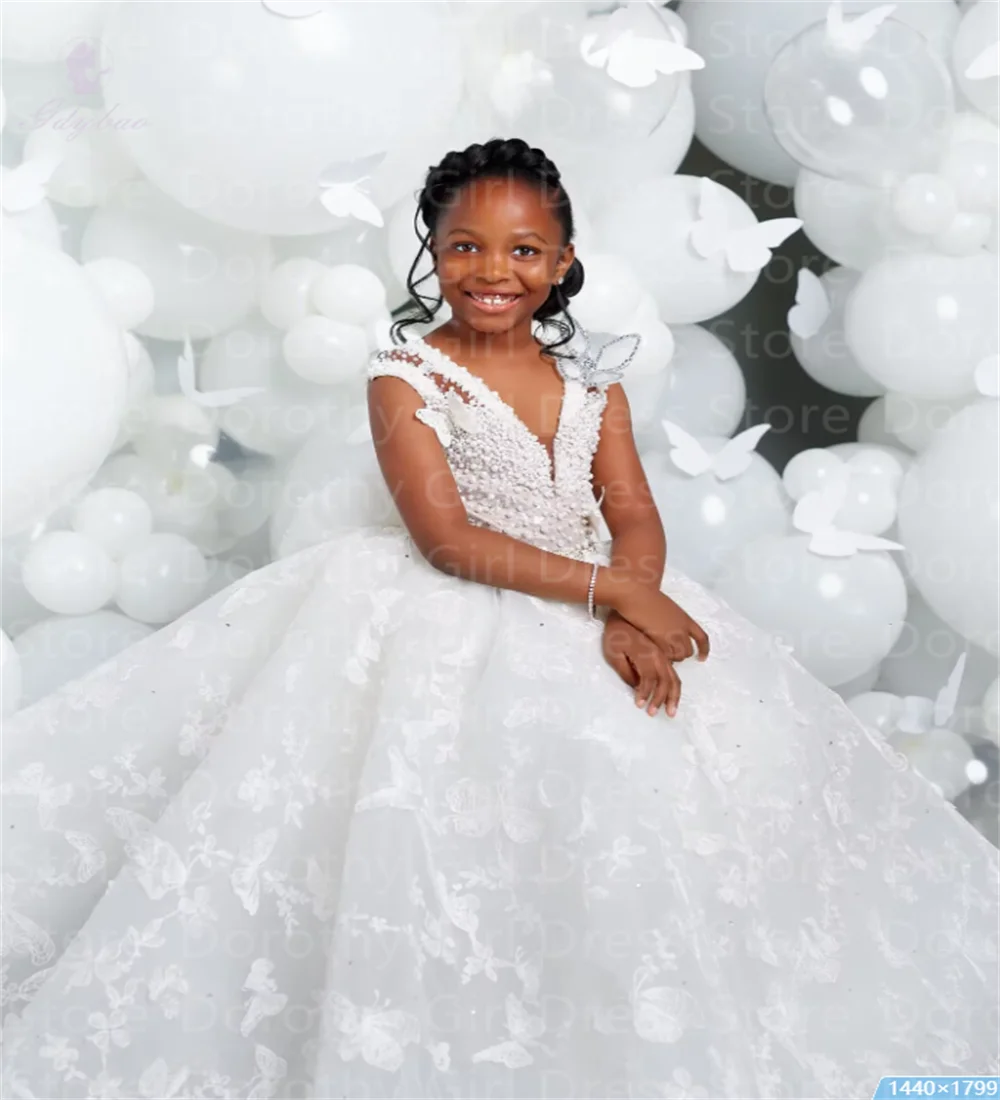 White V-neck Luxury Flower Girl Dresses For Wedding Butterfly Appliques Pearl Child Birthday Party First Holy Communion Gown