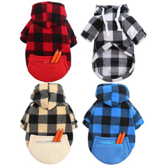 Four plaid dog hoodies in red, black and white, tan, and blue, each featuring a zippered pocket.