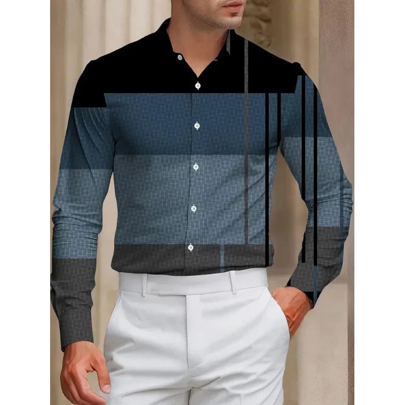 Men's casual shirt by Showlu Fashion Store with red, white, and black design, soft, comfortable fabric for autumn and winter wear.