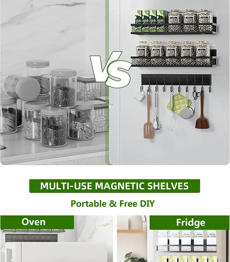 Showlu Smart General magnetic fridge organizer shelf with multiple compartments for storing kitchen essentials on a refrigerator door.