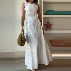 Elegant Lace Embroidery Vacation Long Dress Women Fashion O-neck Hight Waist Solid Party Dress Casual Sleeveless Holiday Dresses