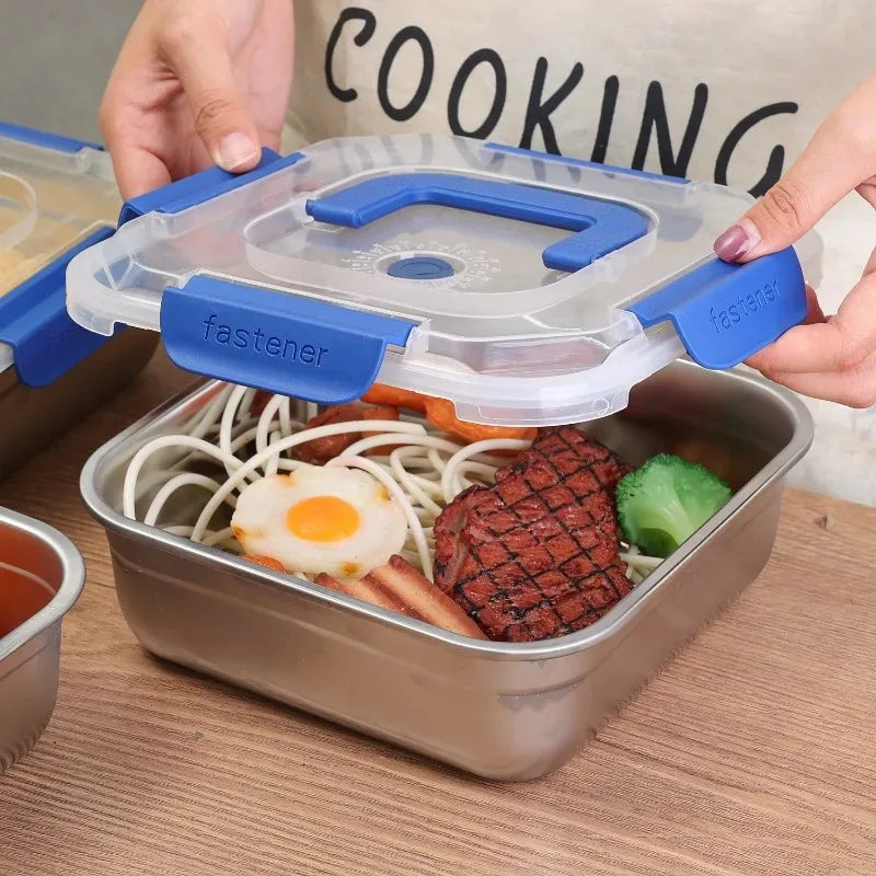 Stainless steel fresh-keeping lunch box with sealed lid, portable for camping, storing noodles, fruit, or leftovers at home or on the go.