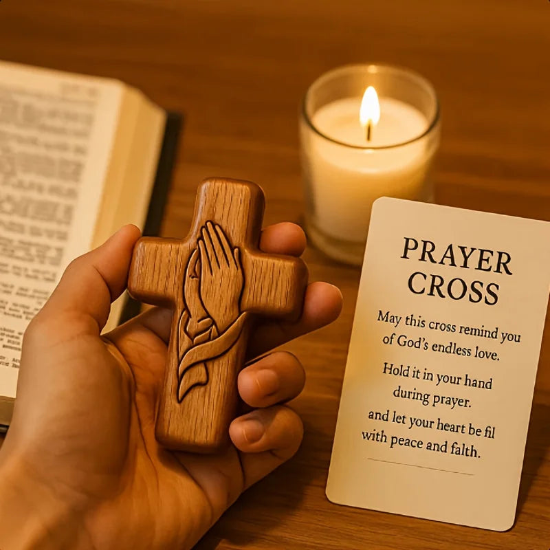 Resin 3D pocket prayer cross with holy water droplet design, includes prayer card, portable Christian religious gift, Christ symbol.