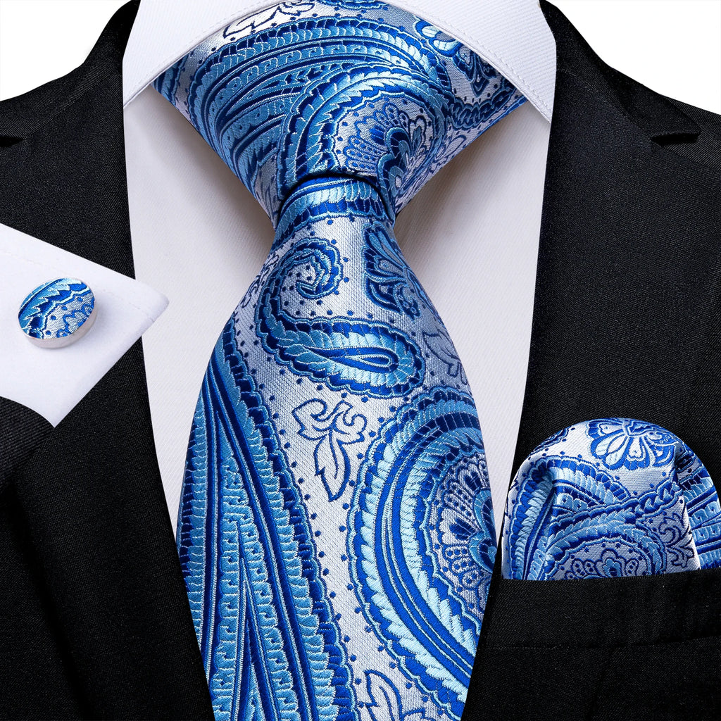 New Classic 100% Silk Men's Ties 8cm Blue Plaid Dot Striped Business Necktie Handkerchief Wedding Party Tie Set Gravatas DiBanGu