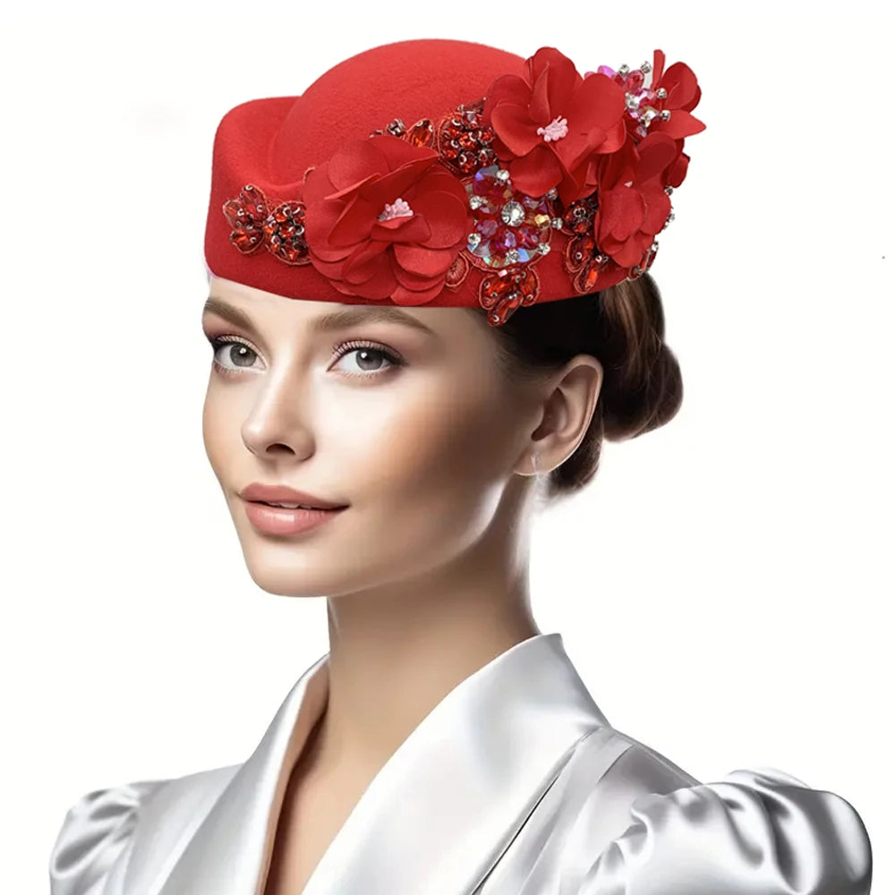 Women Air Stewardess Hat Rhinestone Flower Church Derby Beret Hats for Party Wool Felt Pillbox Costume Cosplay Caps Accessores