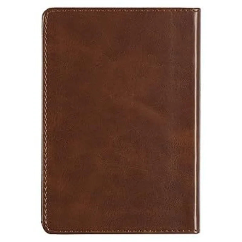 Brown leather men's prayer journal, Showlu One Minute With God: 365-Day devotional journal open with pages visible.