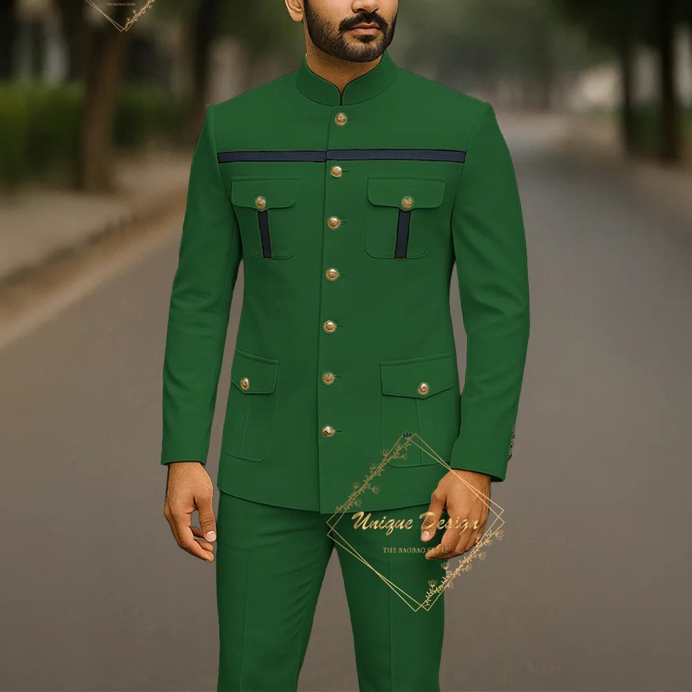 Ivory formal safari suit for men, custom-made Indian wedding groom 2-piece set with jacket and pants, slim fit party attire.