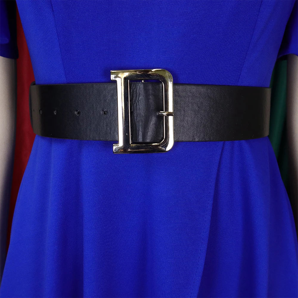 A wide black leather belt with a large gold D-shaped buckle worn over a royal blue dress.