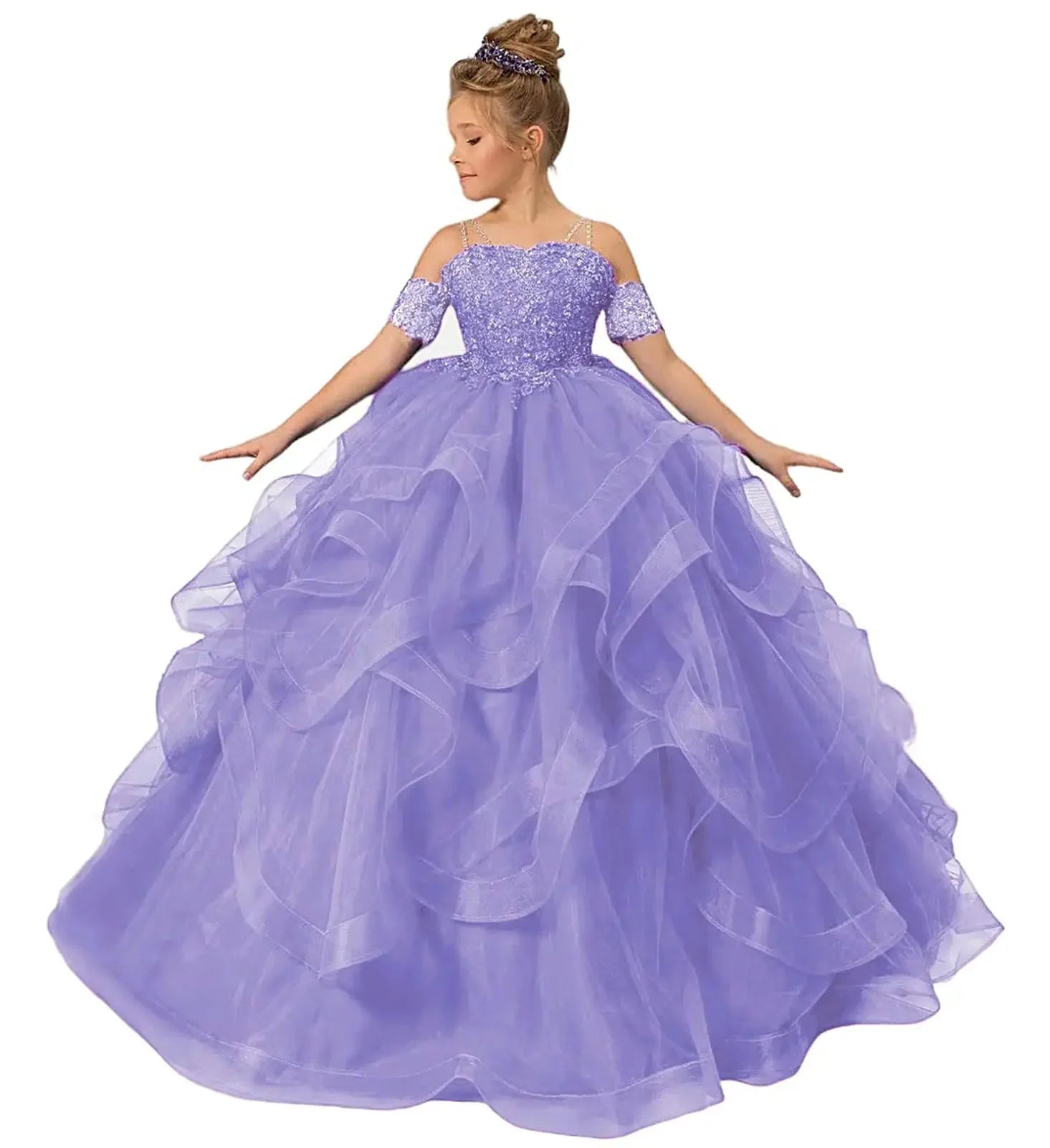 Off-shoulder flower girl dress by Gdybao with tulle ball gown design for kids, featuring floral appliques and elegant style.