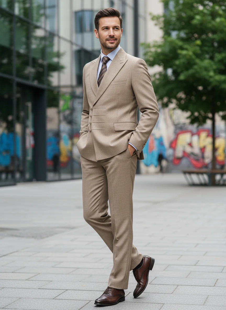 Men's black double-breasted slim fit suit by Showlu Fashion, featuring a stylish 2-piece design for weddings and formal events.