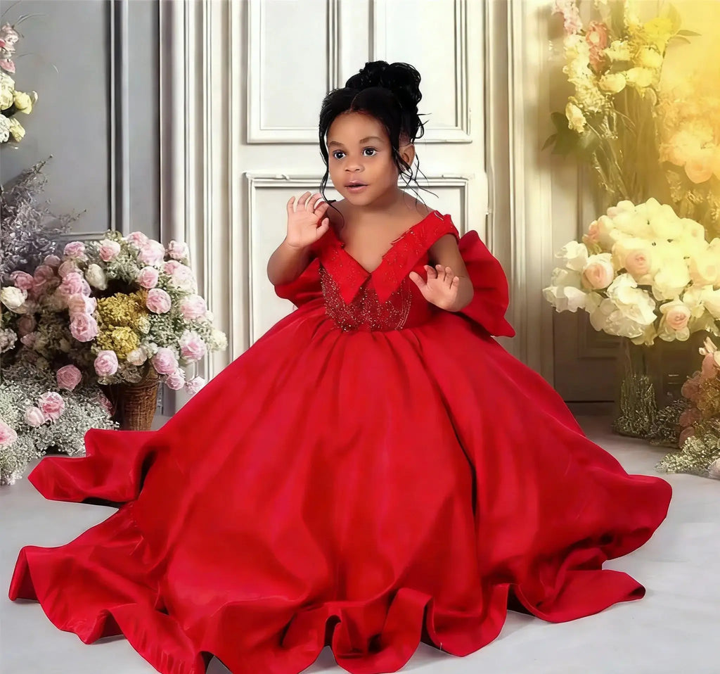 Red satin communion ball gown with bow, elegant design, featuring a full skirt and delicate details, by 1170uf-he