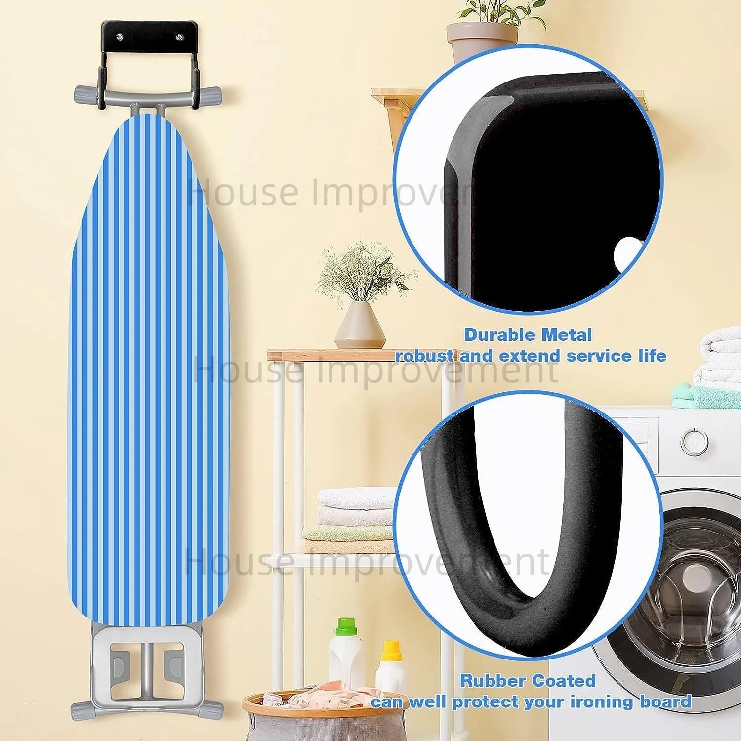Wall-mounted ironing board hook by Showlu Smart General, showing a sturdy metal hook attached to a wall for ironing board storage.