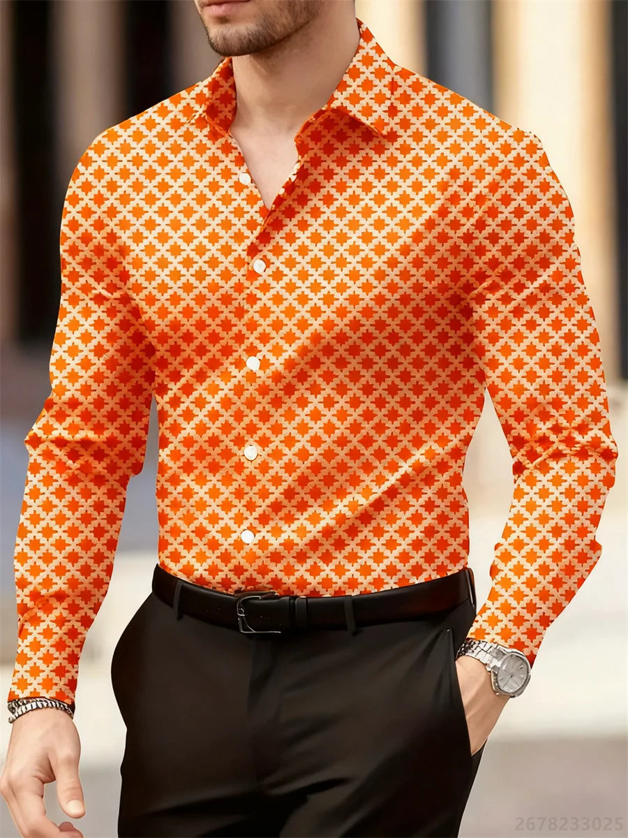 Men's long sleeve plaid shirt by Showlu Fashion Store featuring 14 color options, geometric pattern, breathable fabric, casual and business style