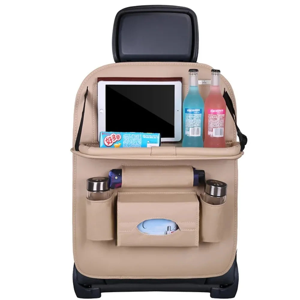 Showlu Smart General car seat organizer with tray, featuring multiple compartments for storing essentials in the vehicle.