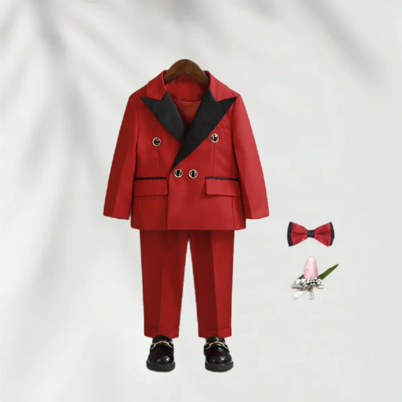 Children's white wedding suit with jacket, pants, and bowtie, perfect for flower boys and birthday parties.