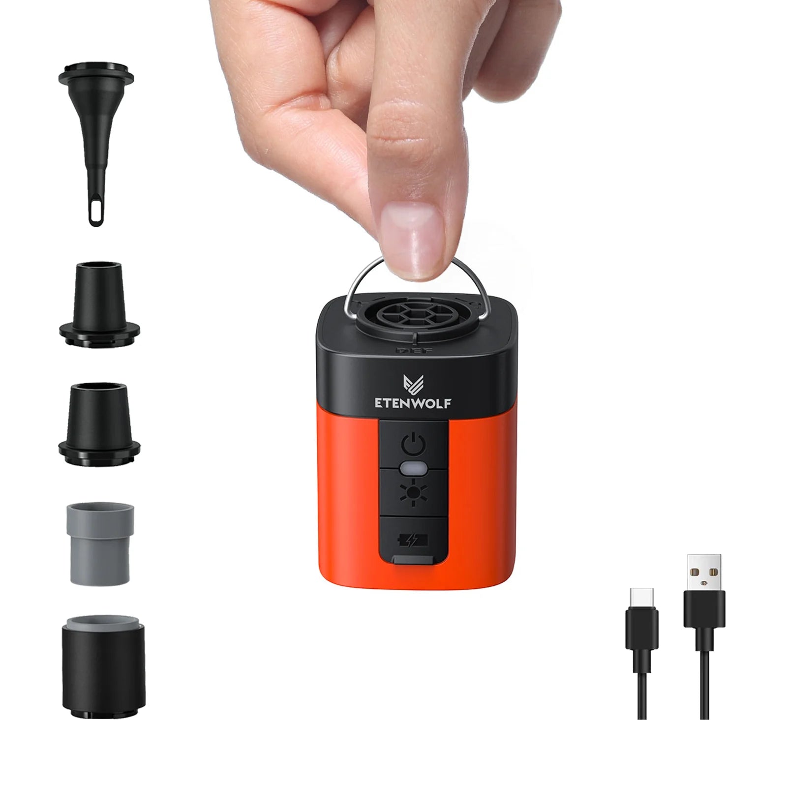ETENWOLF Air 3 Ultra portable air pump with LED, fast charging, 2600mAh battery, inflator and deflator for camping mattresses.