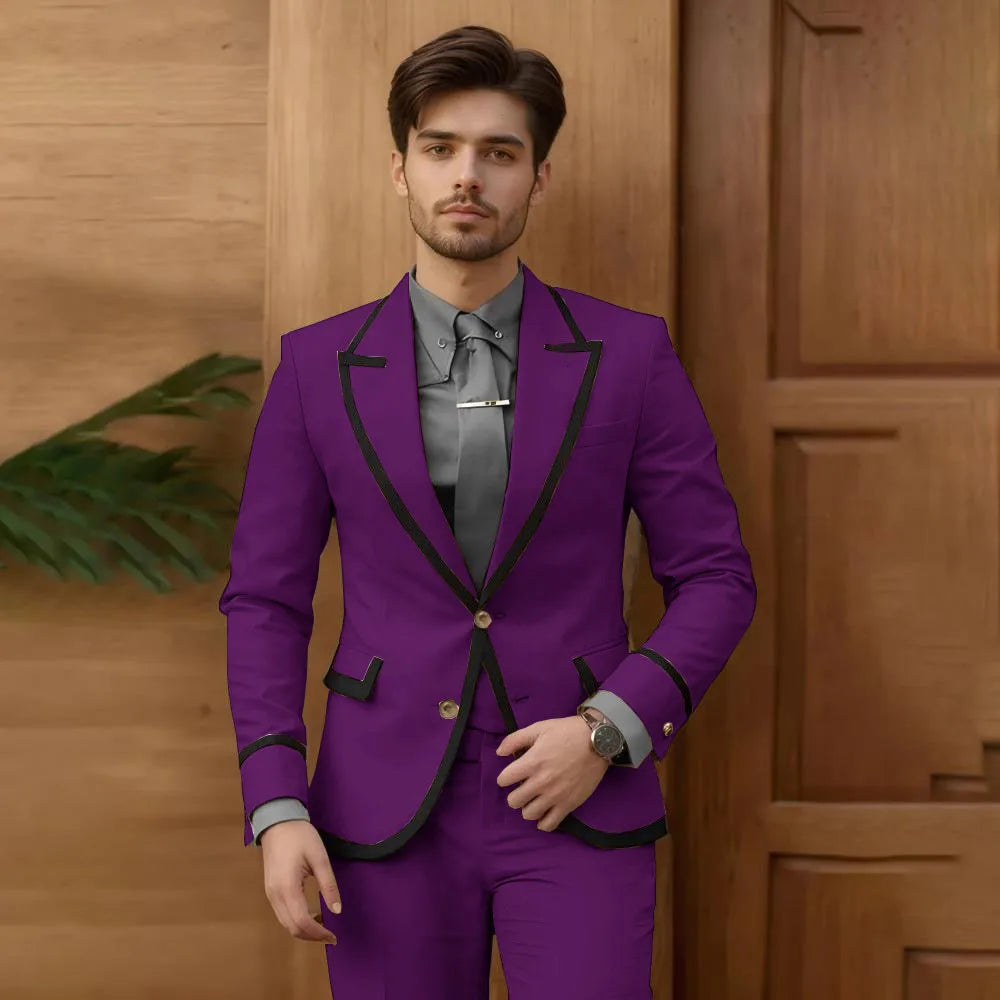 Beige male fashion suit 2-piece set with single-breasted blazer and slim-fit pants, ideal for groomsmen, prom, or wedding tuxedos.