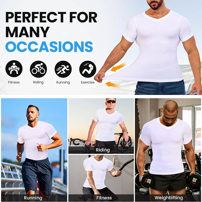 Men Body Shaper V-Neck Compression Shirts Short Sleeved Slimming Undershirt Workout Abs Abdomen Tummy Control Shapewear Tops