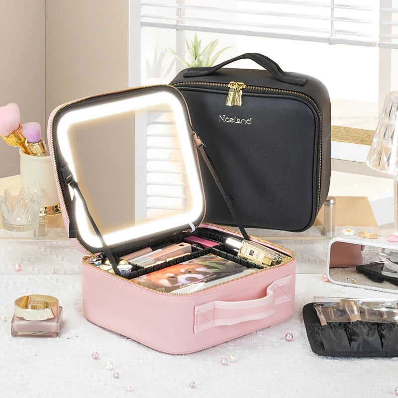 SHOWLU travel makeup bag with LED lighted mirror, PU leather toiletry case for organizing cosmetics and personal items.