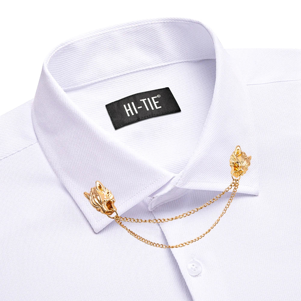 Hi-Tie men's silk slim fit long sleeve shirt with solid jacquard pattern, formal top in a sleek, elegant design.