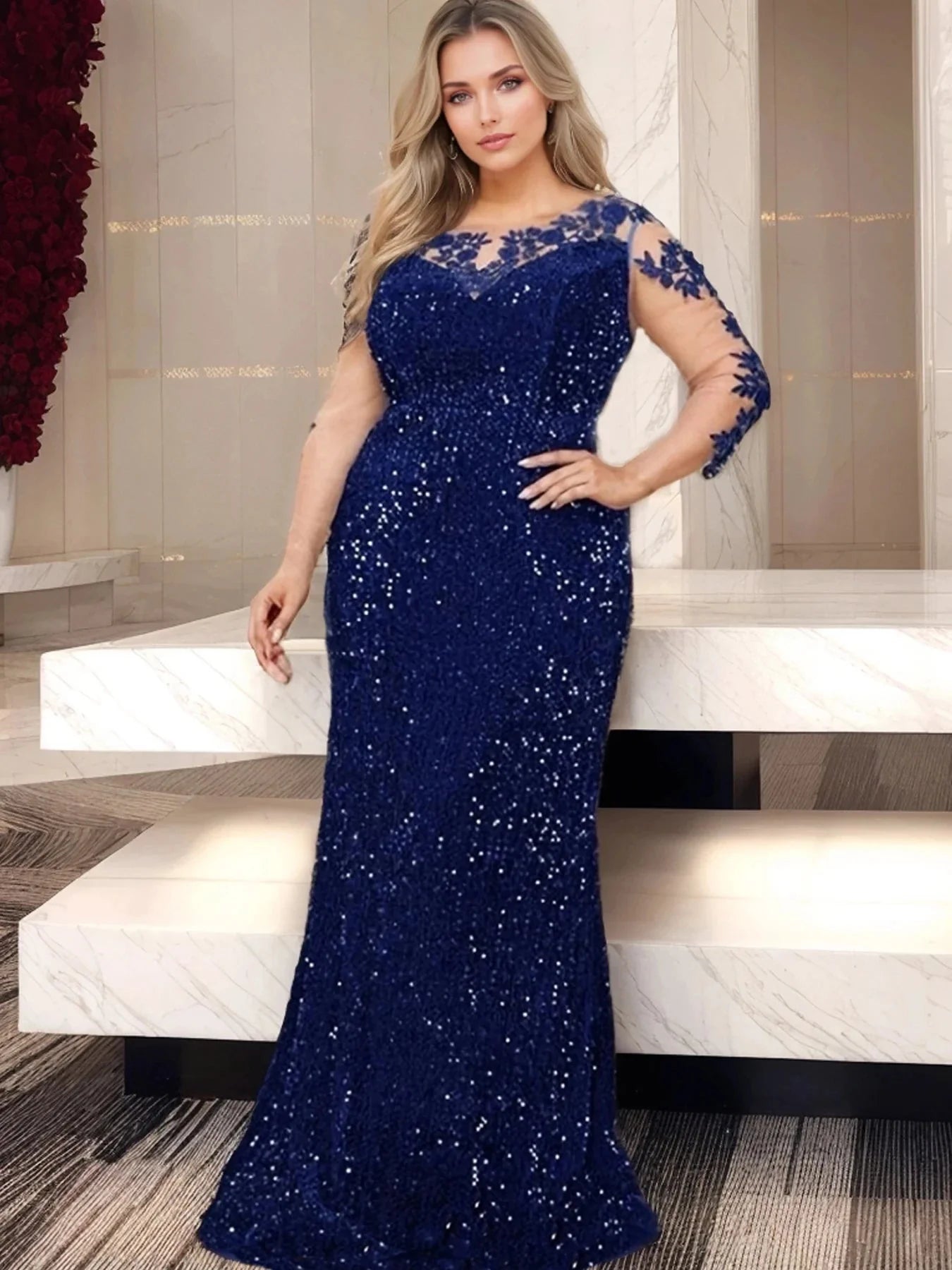 Illusion long sleeve mermaid prom gown with sequin lace details by SHOWLU FASHION STORE