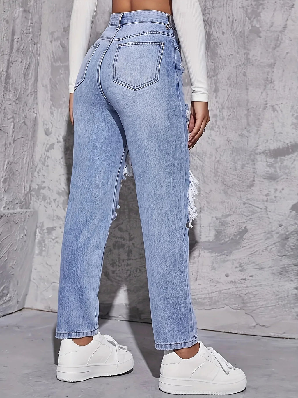 Women's ripped high waist straight leg jeans by Yicalish with retro wide-leg style, shown in a natural denim color.