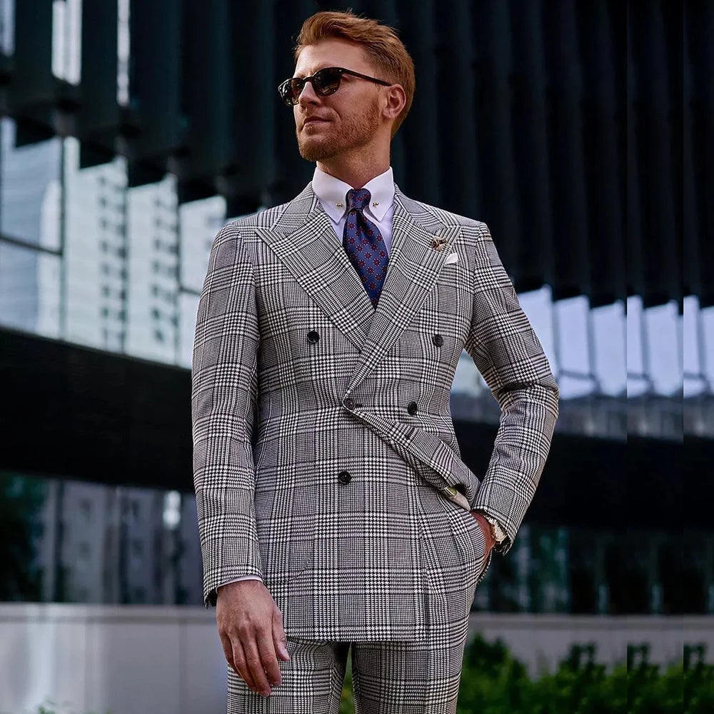Men's slim fit double-breasted suit with peak lapel, shown in formal blazer style from Showlu Fashion Store.