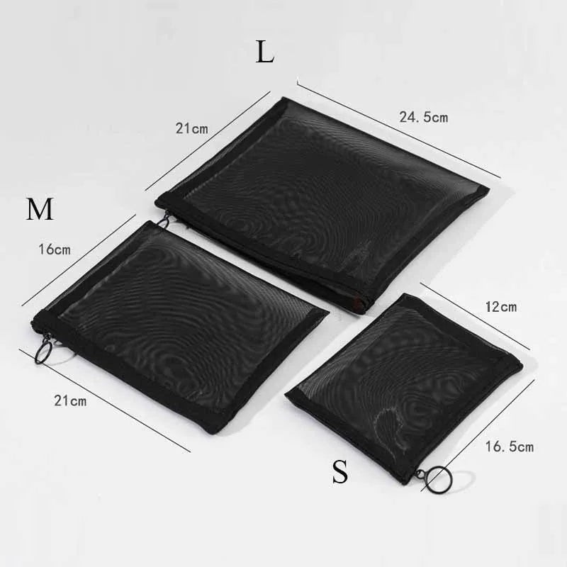 Small black Showlu Fashion Store transparent mesh makeup bag with zipper, ideal for cosmetics, pencils, and storage organization.