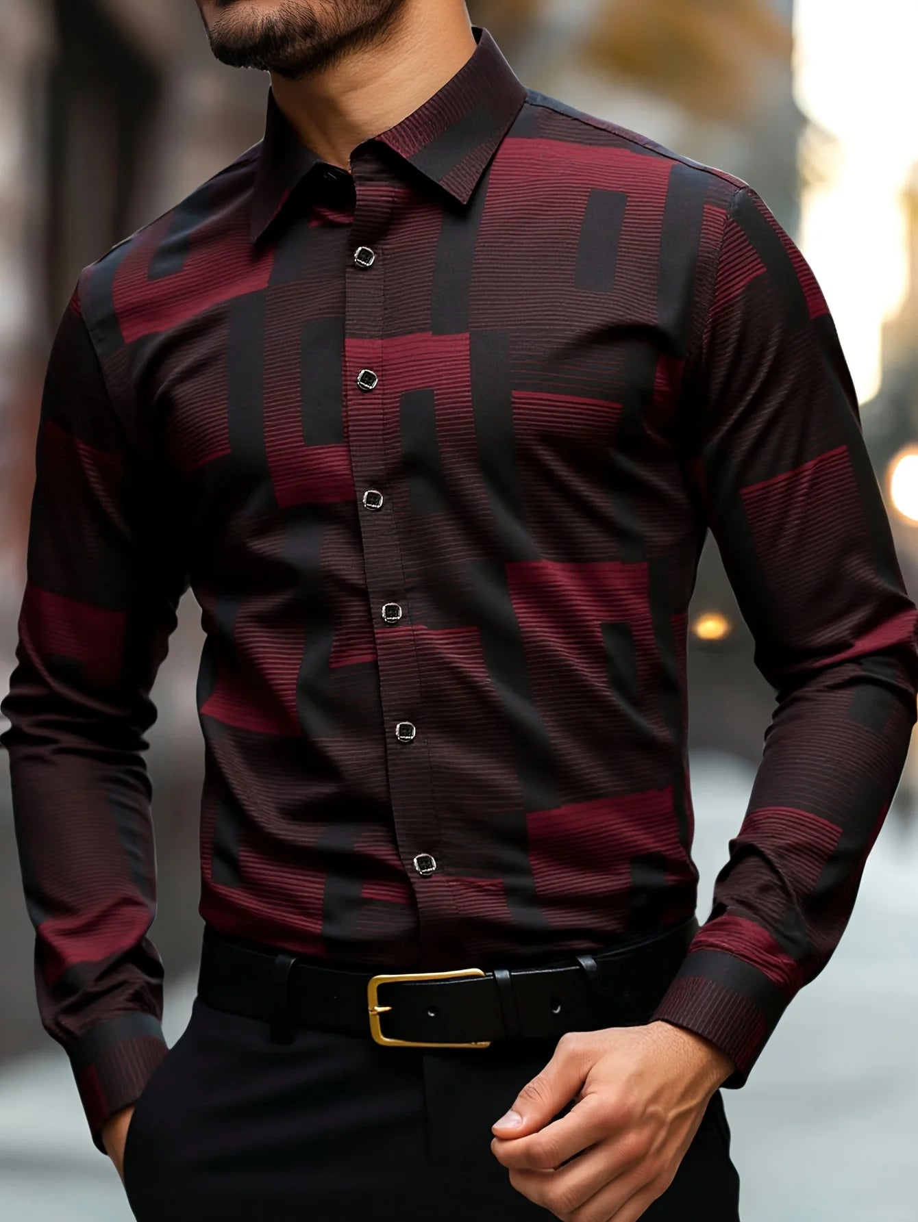 Men's slim fit geometric print shirt by Showlu Fashion, featuring a classic collar, button-up front, and versatile all-season design.