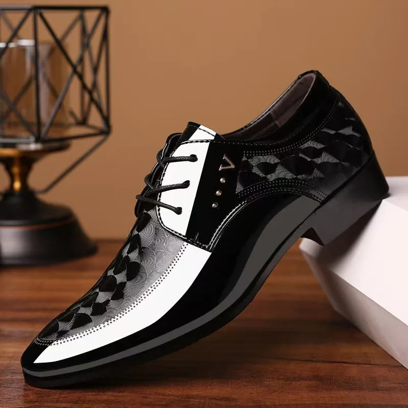 Men's high-end leather wedding shoes by Showlu Fashion, stylish men's business casual leather shoes in size 39-47, shown in black.