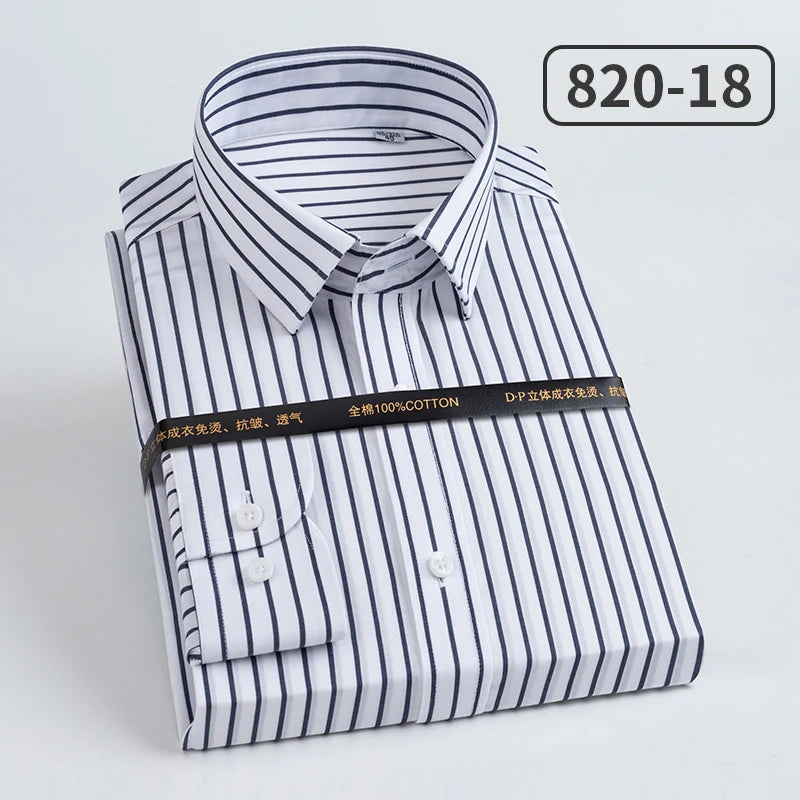 Men's slim fit cotton long sleeve shirt with striped pattern, heterochromatic collar, wrinkle-resistant fabric, by Showlu Fashion Store.