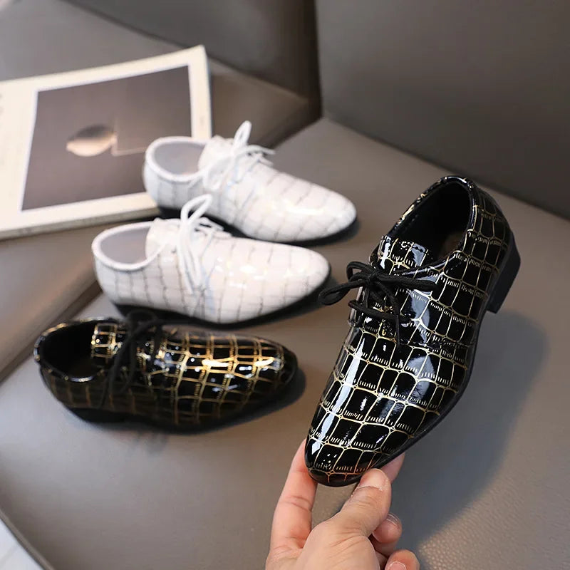 Black boys leather casual flats for kids, non-slip toddler shoes suitable for school, weddings, and everyday wear by Showlu Fashion.