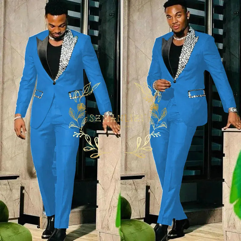 Black men's slim fit suit with single-breasted blazer and matching pants, stylish peak lapel, suitable for prom or formal events.