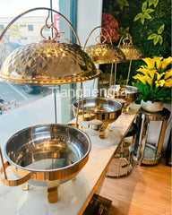 Luxury Gold Round Hanging Chafing Dishes Hotel Wedding Buffet Equipment Dishes for Catering Restaurant Heating Food Warmer