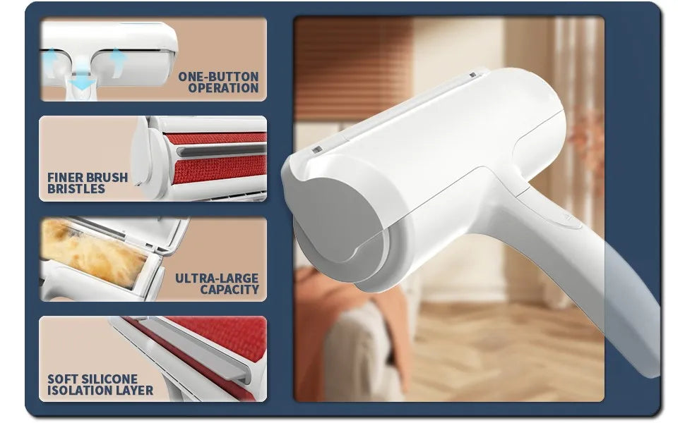 Showlu Smart General reusable pet hair lint remover roller with a handle and sticky sheets for removing pet hair from fabrics.