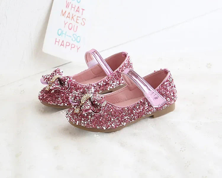 Showlu Girls sequin rhinestone princess flats made of PU leather, stylish kids shoes with sparkling embellishments.