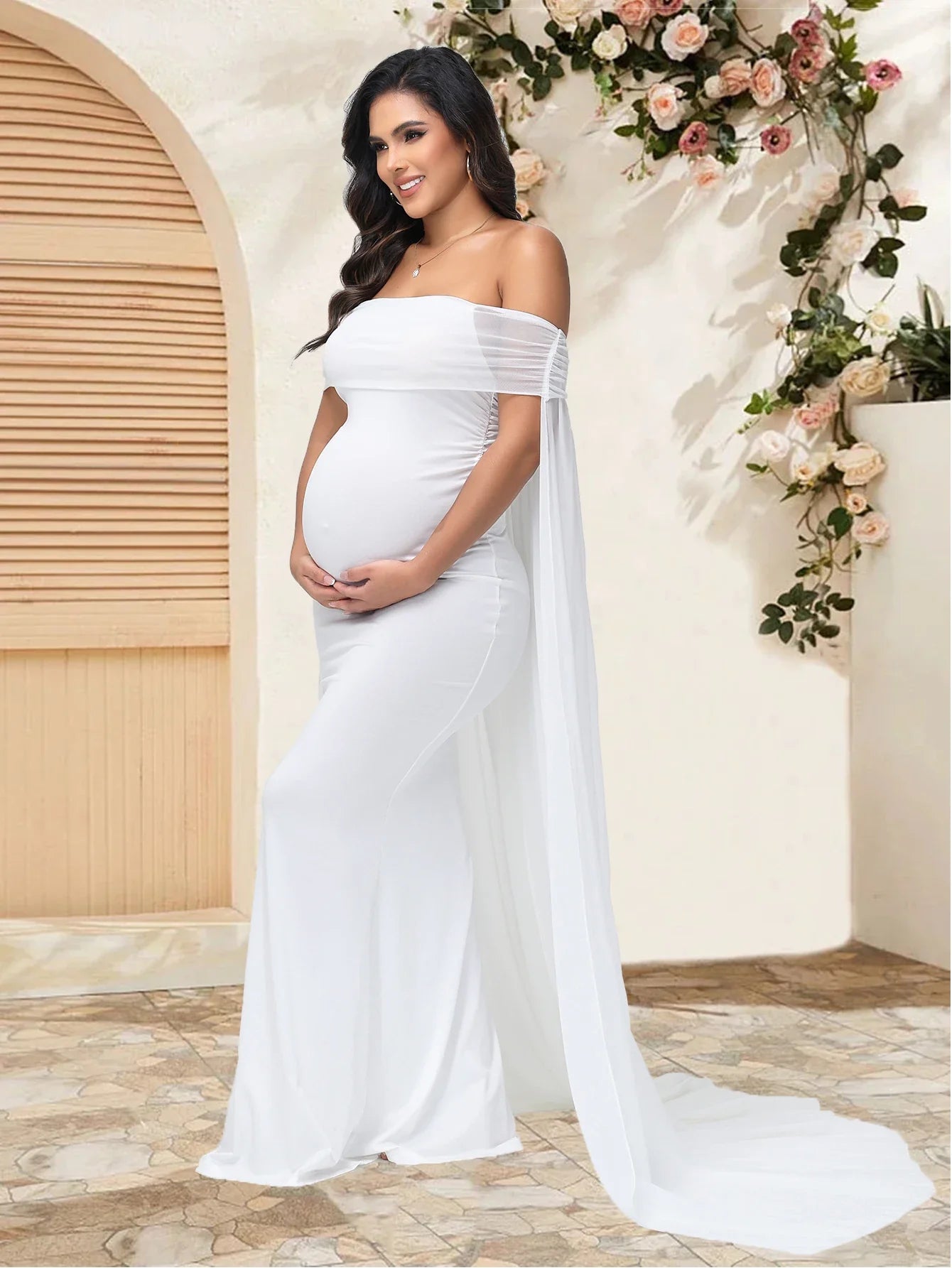 Showlu maternity photography dress featuring a flowy mesh chiffon maxi gown for photoshoots, elegant and comfortable maternity attire.