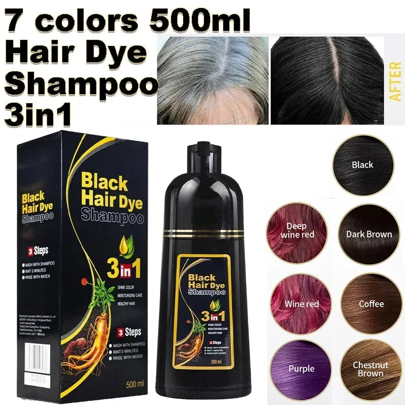 Showlu 3-in-1 herbal hair dye shampoo in natural black and brown, 500ml, with herbal ingredients and sulfate-free formula.