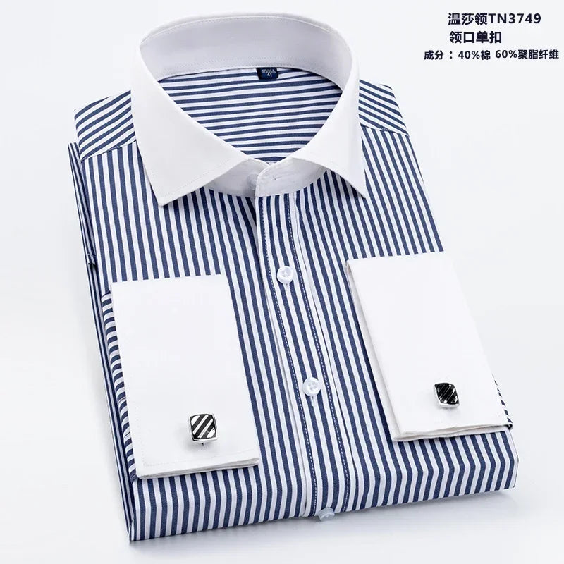 Men's French cufflink shirt long sleeved spring style multi-color collar high collar slim fit collar formal striped shirt
