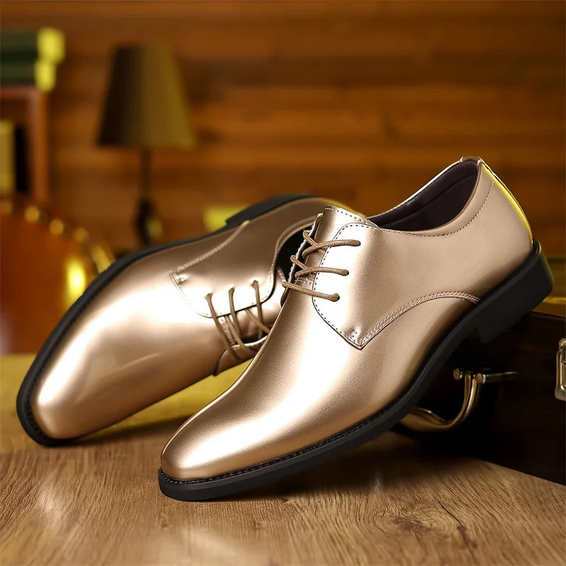 Men's pointed toe dress shoes in red PU leather with lace-up design, stylish social footwear by Showlu Fashion Store.